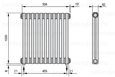 Схема (чертеж) Радиатор Zehnder Charleston 2100/11 №5310 Белый глянцевый RAL 9016